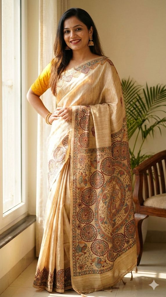 Hand-Painted Madhubani Saree with Mandala and Floral Motifs