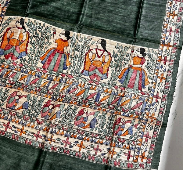 Hand-Painted Madhubani Women & Bird Motif Green Tussar Ghicha Silk Dupatta