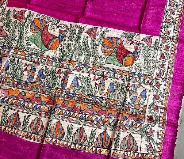 Hand-Painted Madhubani Bird & Foliage Motif Magenta Tussar Ghicha Silk Dupatta