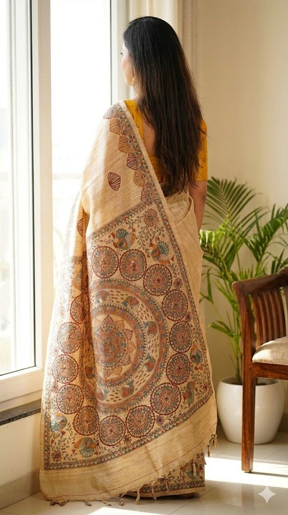 Hand-Painted Madhubani Saree with Mandala and Floral Motifs