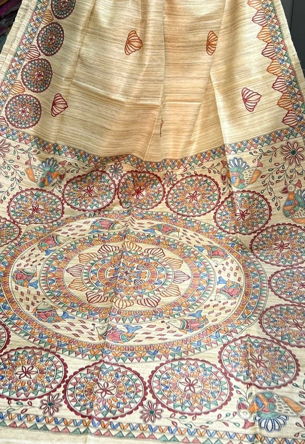 Hand-Painted Madhubani Saree with Mandala and Floral Motifs