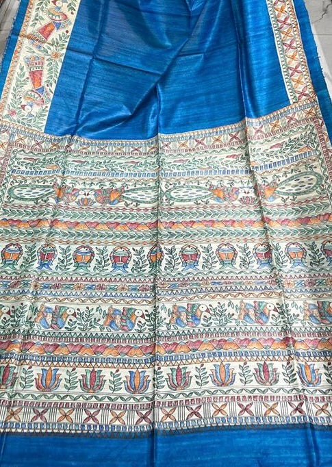 Hand-Painted Madhubani Saree with Kalash, Bird, and Floral Motifs