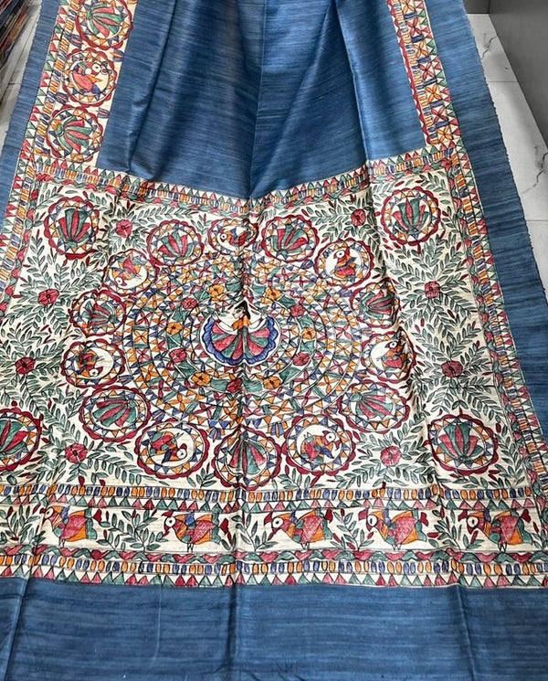 Hand-Painted Madhubani Saree with Mandala and Bird Motifs