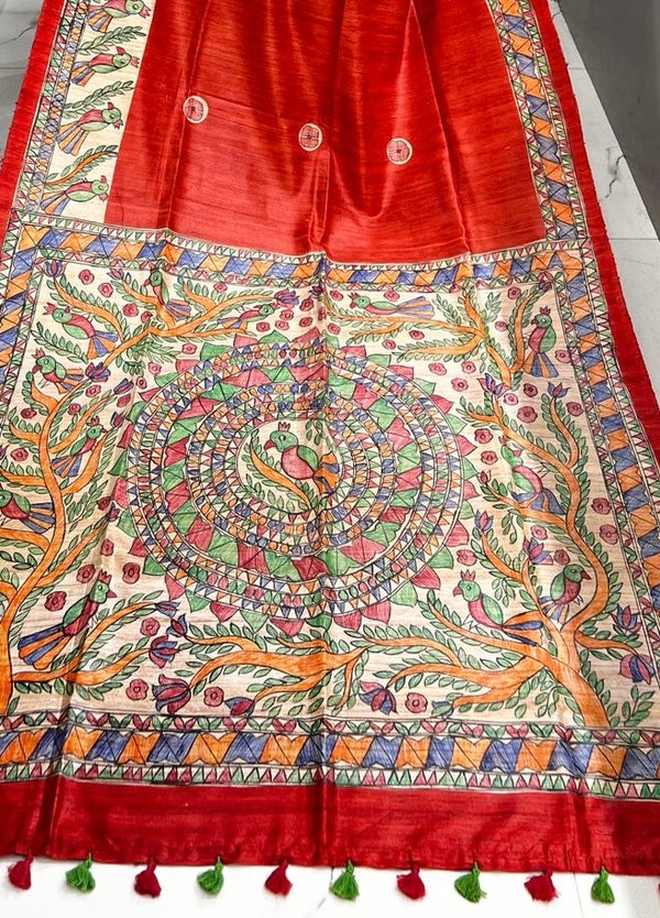 Hand-Painted Madhubani Saree with Tree of Life and Bird Motifs
