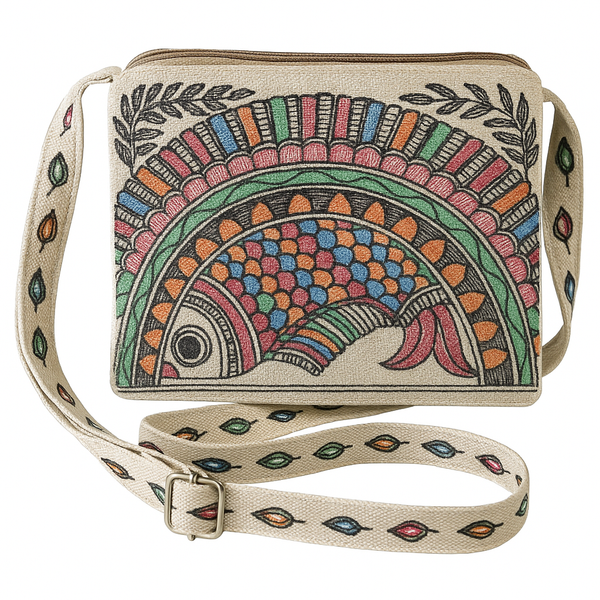 Madhubani Painted Handmade Cross-body Sling bag | Fish Design