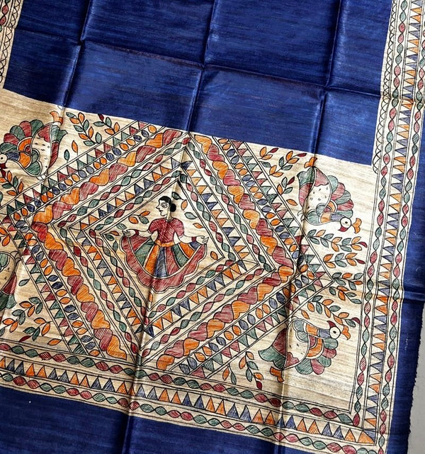 Hand-Painted Madhubani Women & Bird Motif Royal Blue Tussar Ghicha Silk Dupatta