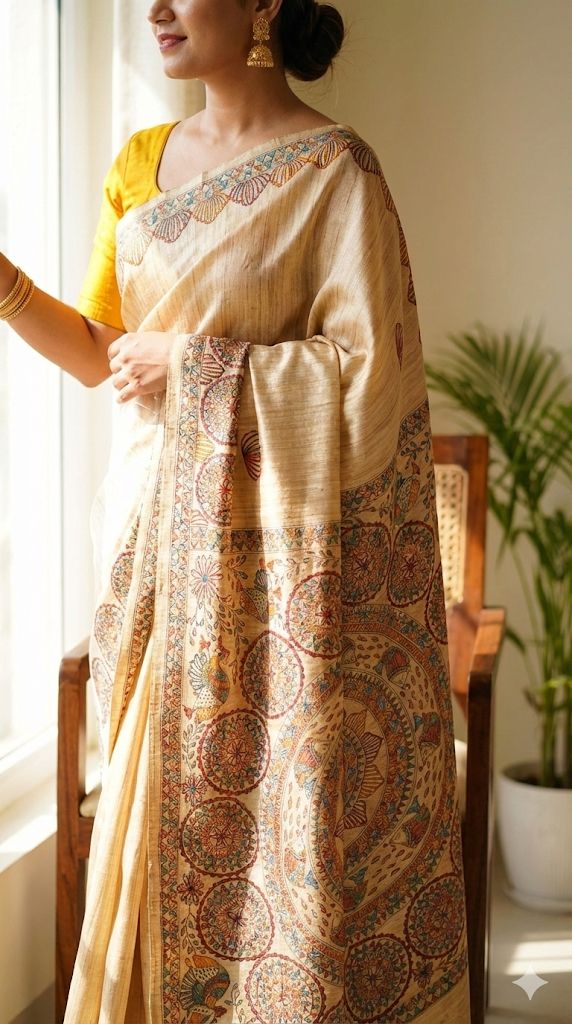Hand-Painted Madhubani Saree with Mandala and Floral Motifs