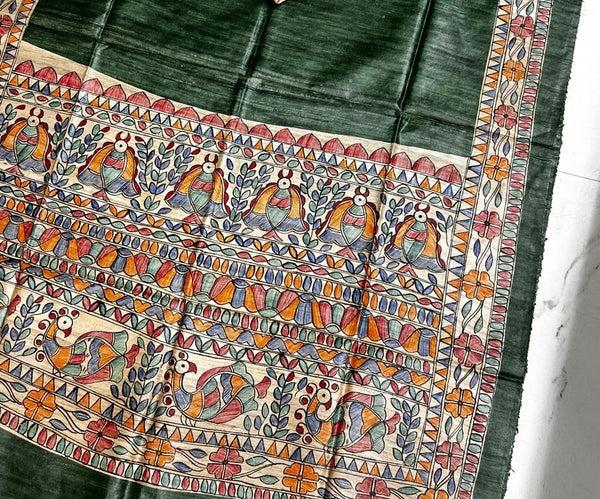 Hand-Painted Madhubani Bird & Floral Motif Forest Green Tussar Ghicha Silk Dupatta