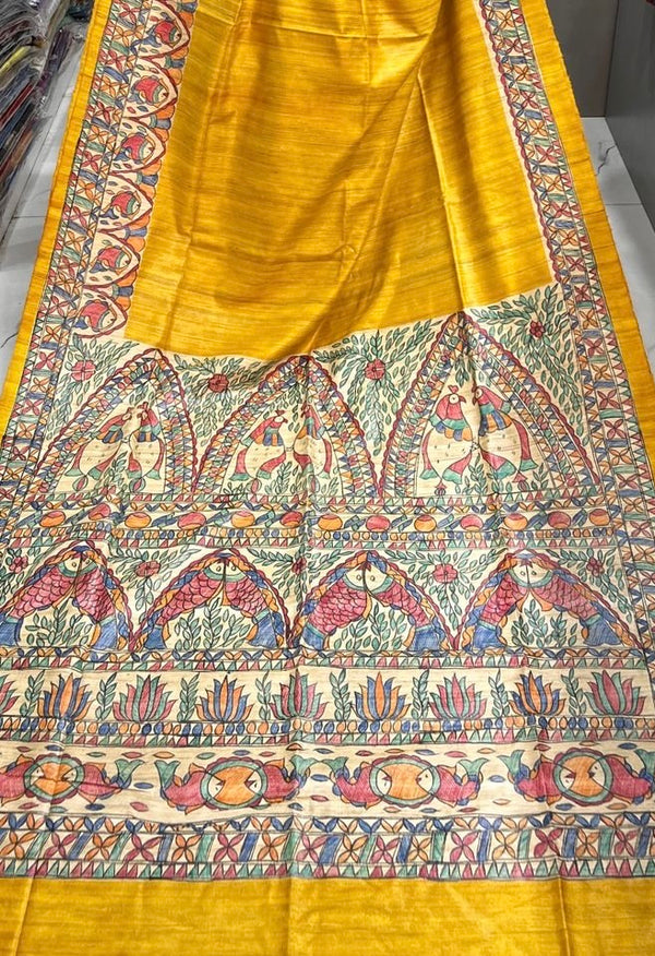 Hand-Painted Madhubani Saree with Peacock, Fish, and Floral Motifs