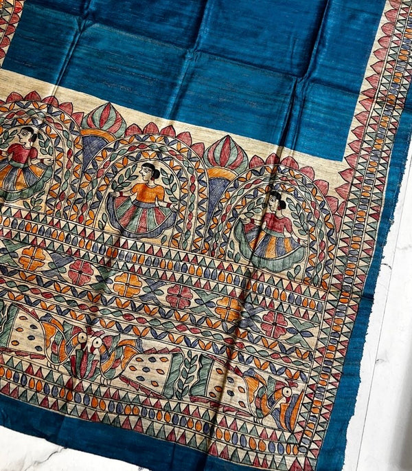 Hand-Painted Madhubani Women & Floral Motif Teal Blue Tussar Ghicha Silk Dupatta