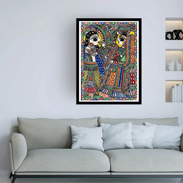 Radha Krishna playful Madhubani painting