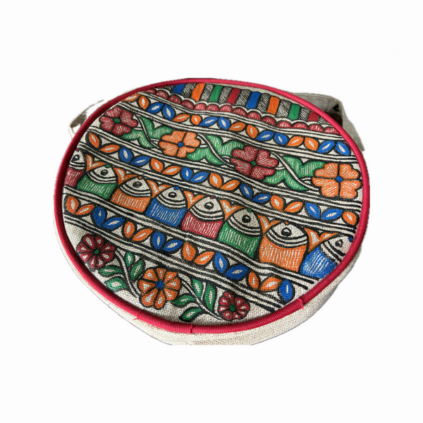 Madhubani painting round sling handbag with full work