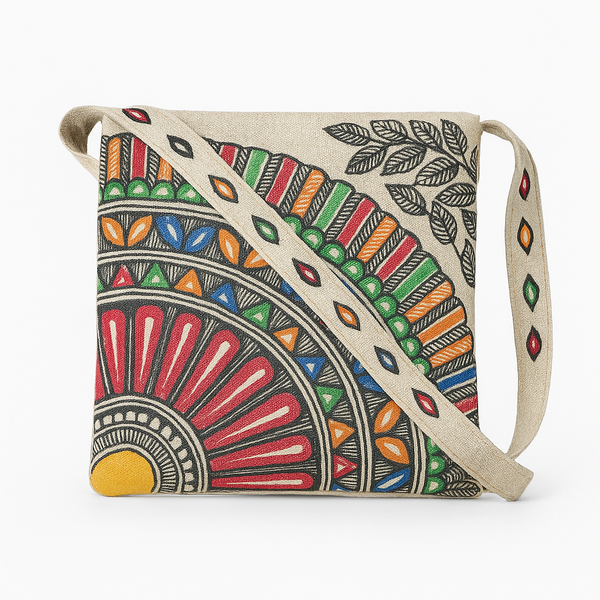 Madhubani Painted Handmade Cross-body Sling bag | Sun Design