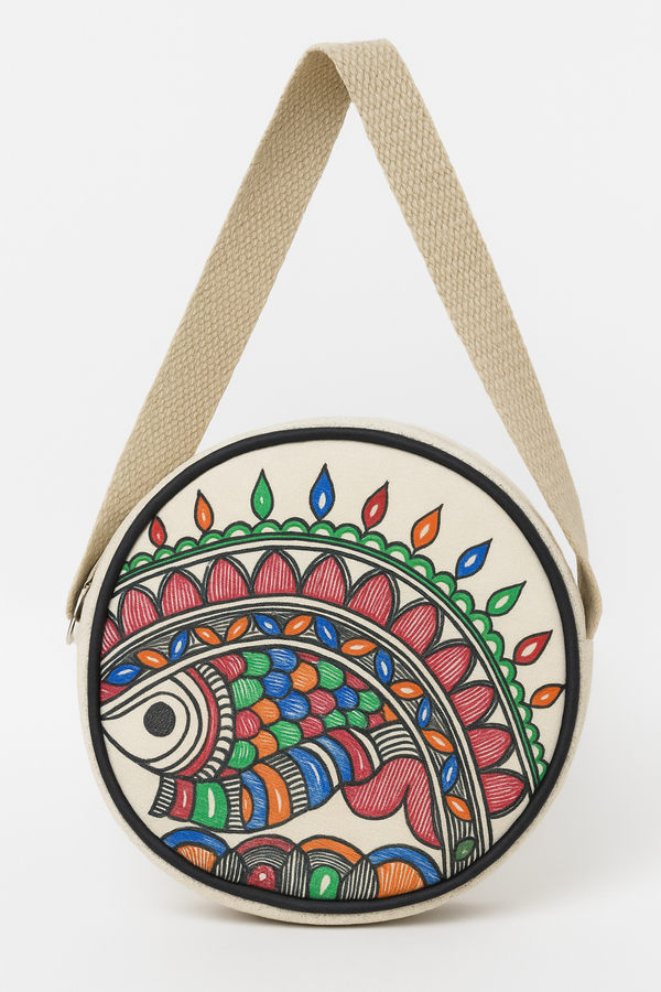 Madhubani painting round sling handbag with fish eye