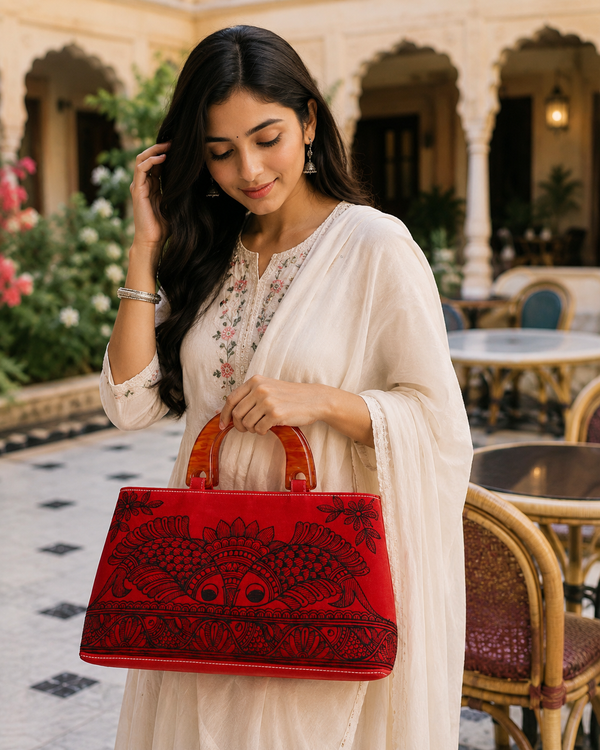 wooden Handle Madhubani Bag