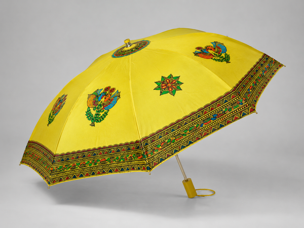 Hand-Painted Madhubani Love Birds Umbrella – Yellow | Traditional Mithila Art Waterproof Umbrella