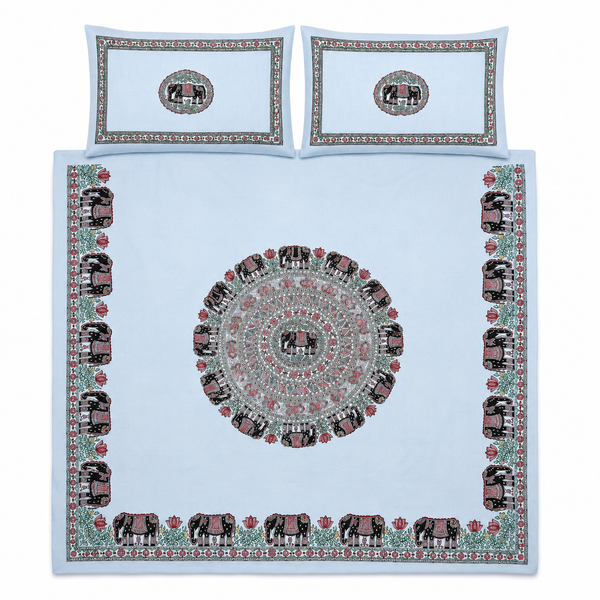 Luxury White Elephant Hand-Painted Madhubani Bedsheet with Matching Pillow Covers
