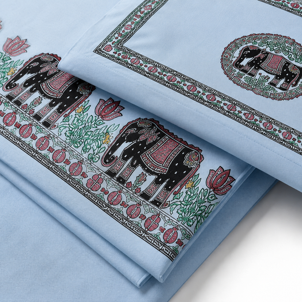 Luxury White Elephant Hand-Painted Madhubani Bedsheet with Matching Pillow Covers