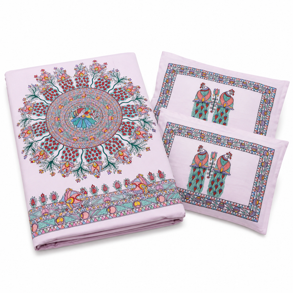 Luxury Hand-Painted Madhubani Peacock Bedsheet with Matching Pillow Covers
