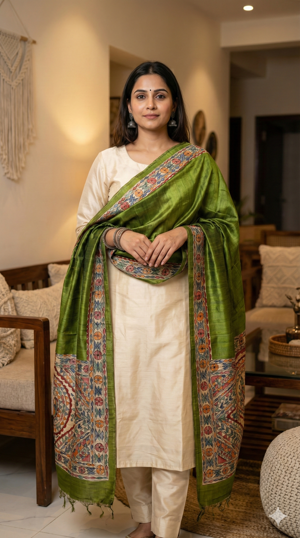 Hand-Painted Madhubani Women Motif Olive Green Tussar Ghicha Silk Dupatta