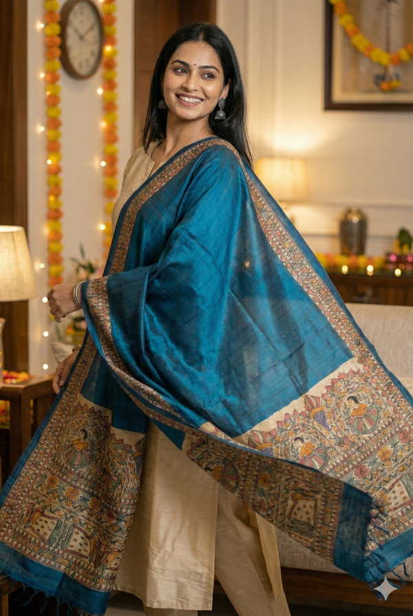 Hand-Painted Madhubani Women & Floral Motif Teal Blue Tussar Ghicha Silk Dupatta