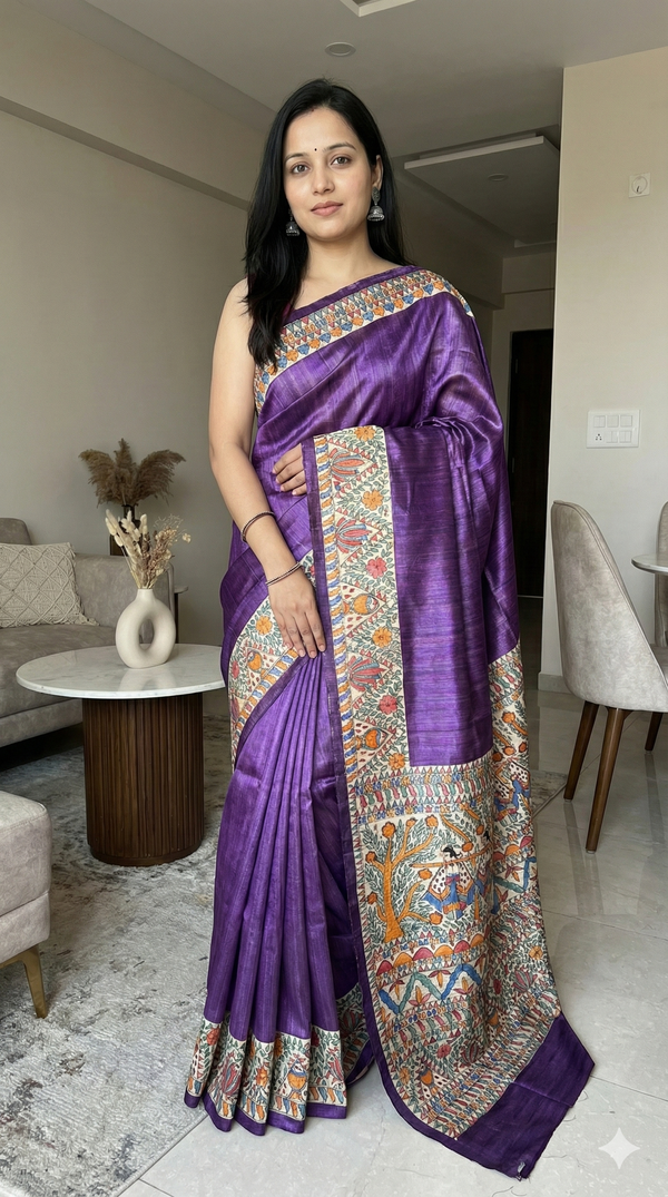Hand-Painted Madhubani Saree with Tree of Life, Bird, and Floral Motifs