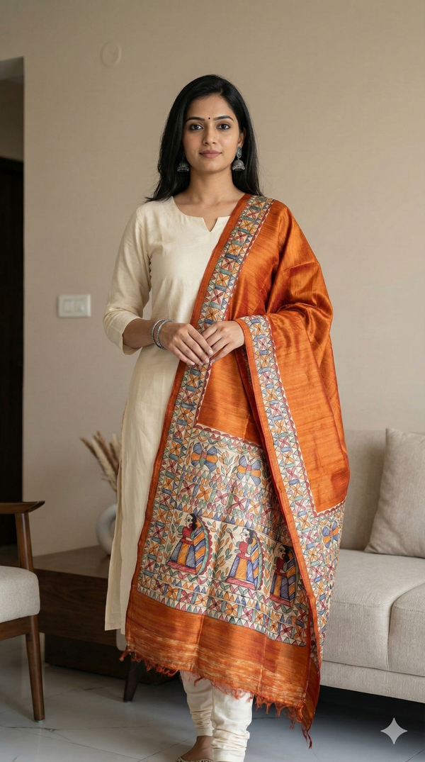 Hand-Painted Madhubani Women & Floral Motif Rust Tussar Ghicha Silk Dupatta