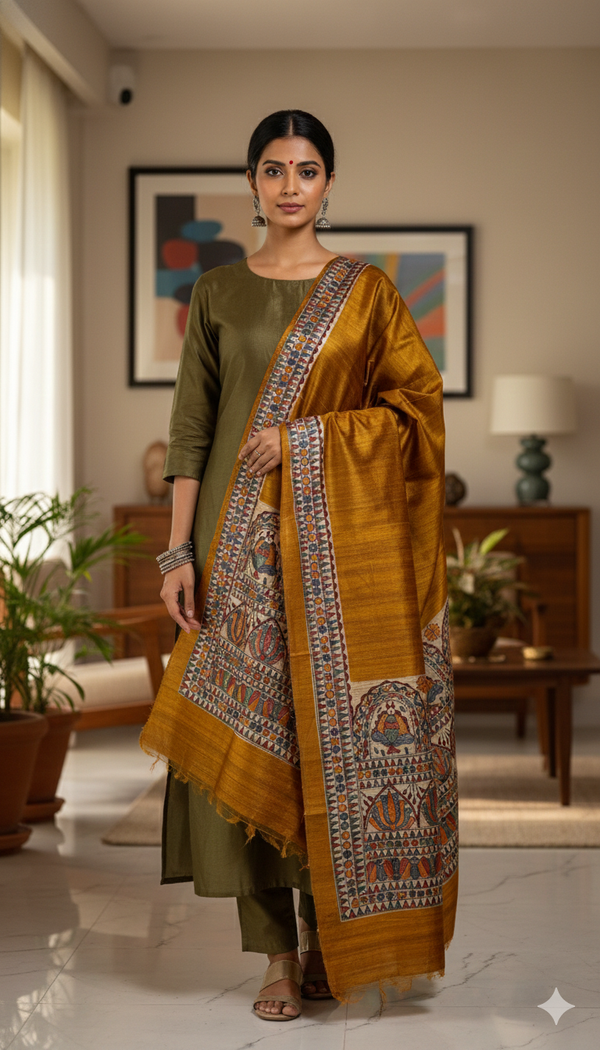 Hand-Painted Madhubani Bird & Lotus Motif Mustard Yellow Tussar Ghicha Silk Dupatta