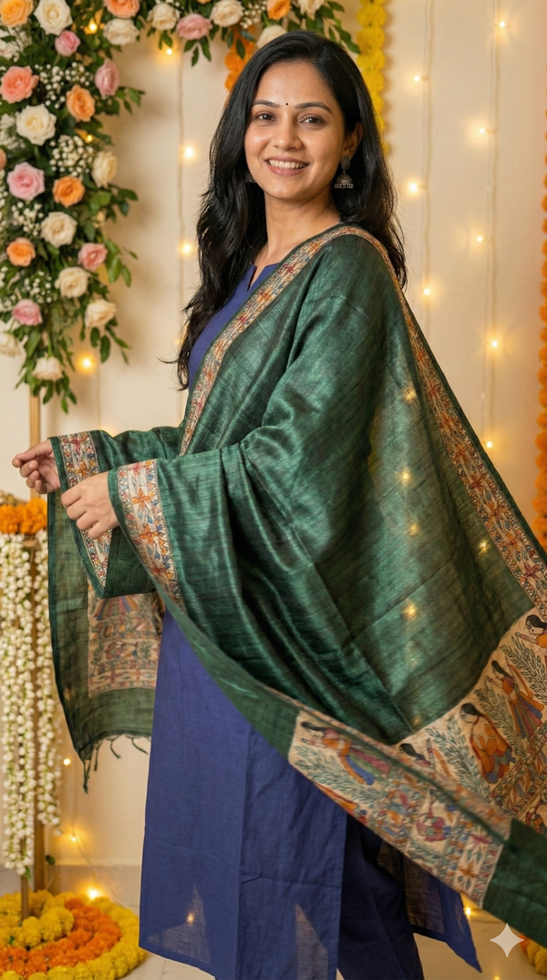 Hand-Painted Madhubani Women & Bird Motif Green Tussar Ghicha Silk Dupatta