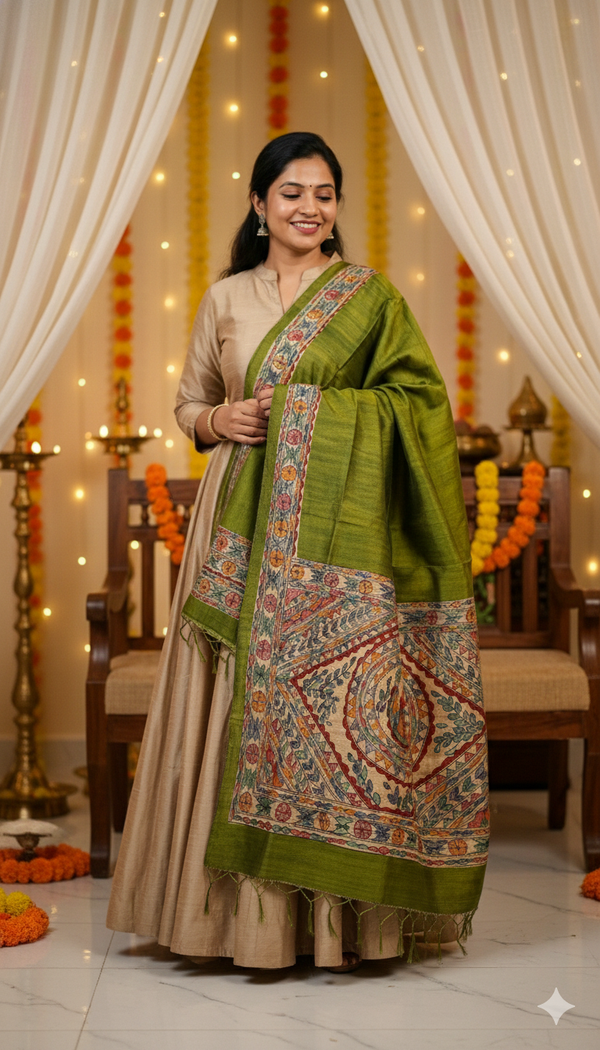 Hand-Painted Madhubani Women Motif Olive Green Tussar Ghicha Silk Dupatta