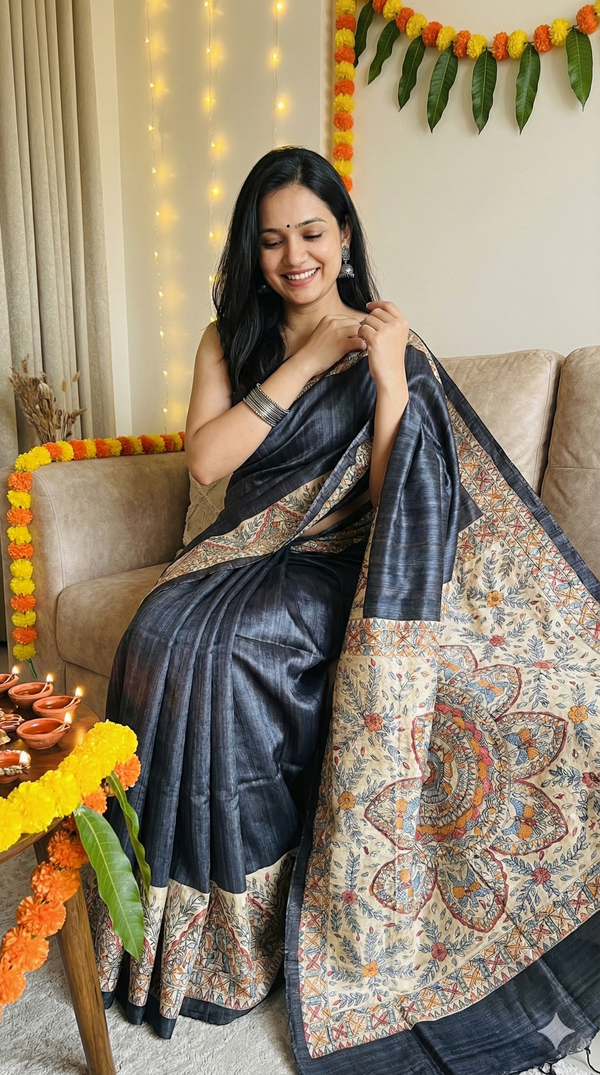 Hand-Painted Madhubani Saree with Mandala and Floral Vine Motifs