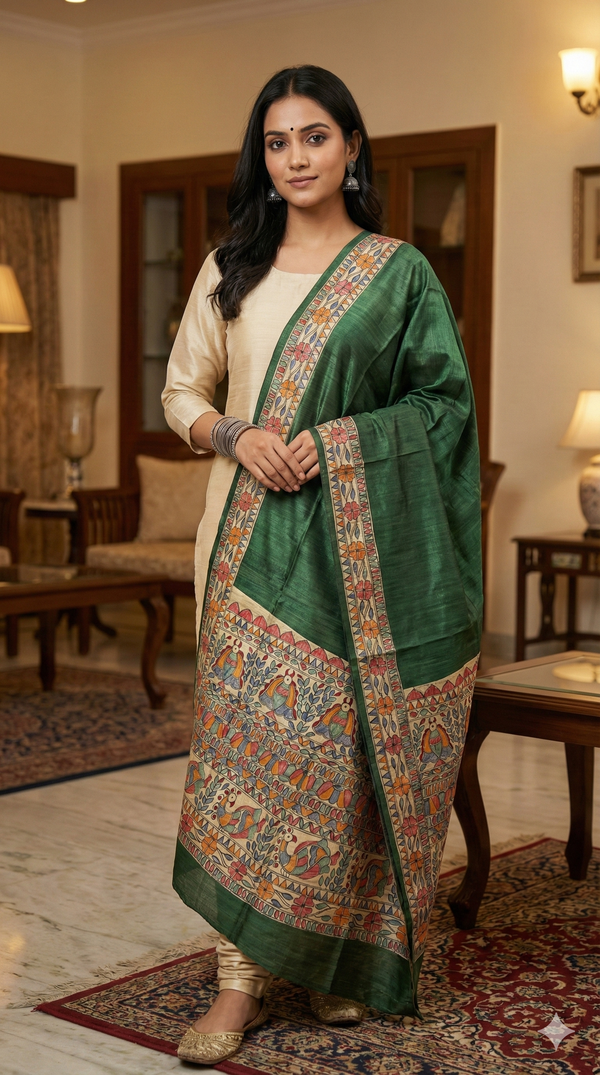 Hand-Painted Madhubani Bird & Floral Motif Forest Green Tussar Ghicha Silk Dupatta