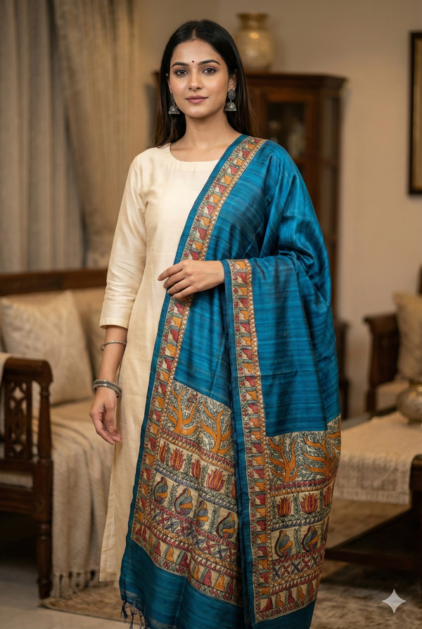 Hand-Painted Madhubani Tree & Bird Motif Teal Blue Tussar Ghicha Silk Dupatta