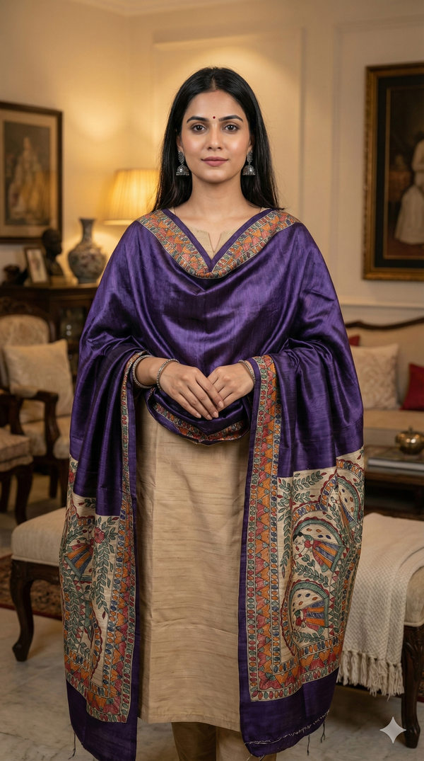 Hand-Painted Madhubani Women Motif Purple Tussar Ghicha Silk Dupatta
