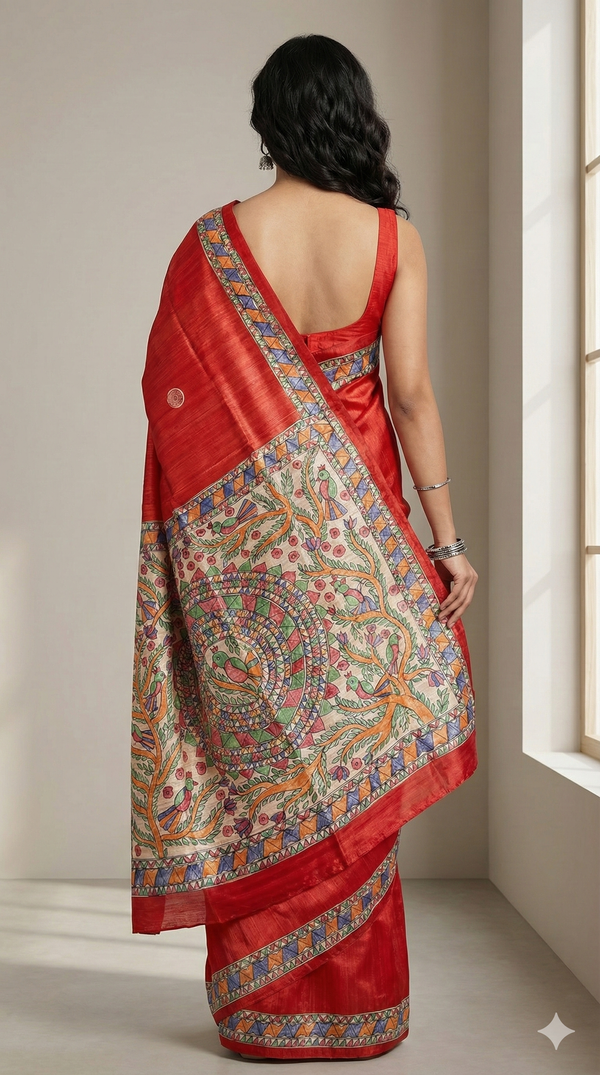 Hand-Painted Madhubani Saree with Tree of Life and Bird Motifs