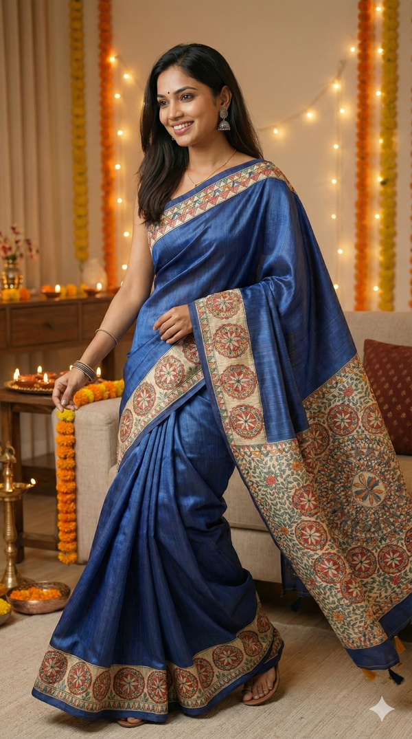 Hand-Painted Madhubani Saree with Mandala and Floral Medallion Motifs