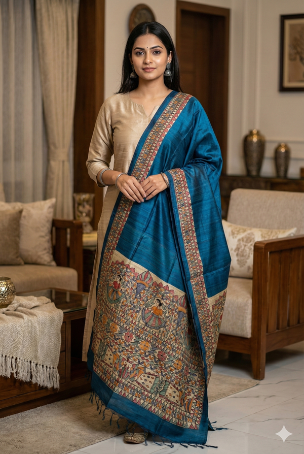 Hand-Painted Madhubani Women & Floral Motif Teal Blue Tussar Ghicha Silk Dupatta