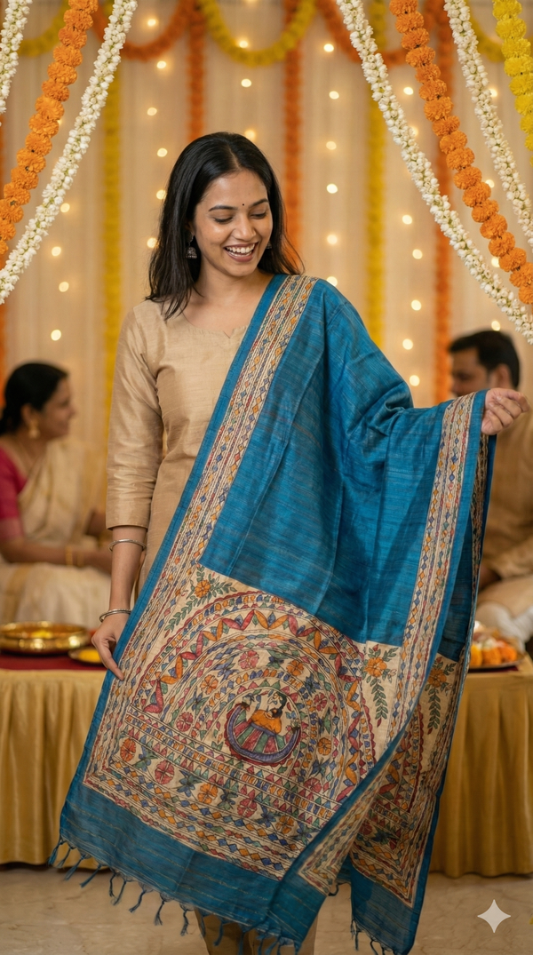 A woman in a beige dress smiles while showcasing a Hand-Painted Madhubani Teal Blue Tussar Ghicha Silk Dupatta with Feminine Medallion Motifs. Behind her, people sit near marigold and white flower garlands and warm string lights.