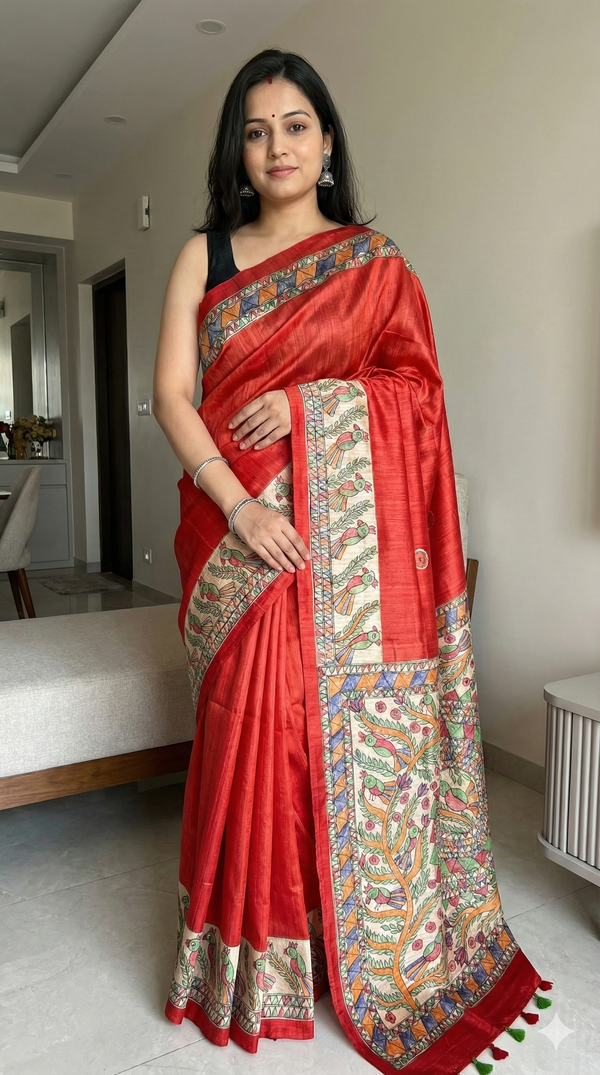 Hand-Painted Madhubani Saree with Tree of Life and Bird Motifs