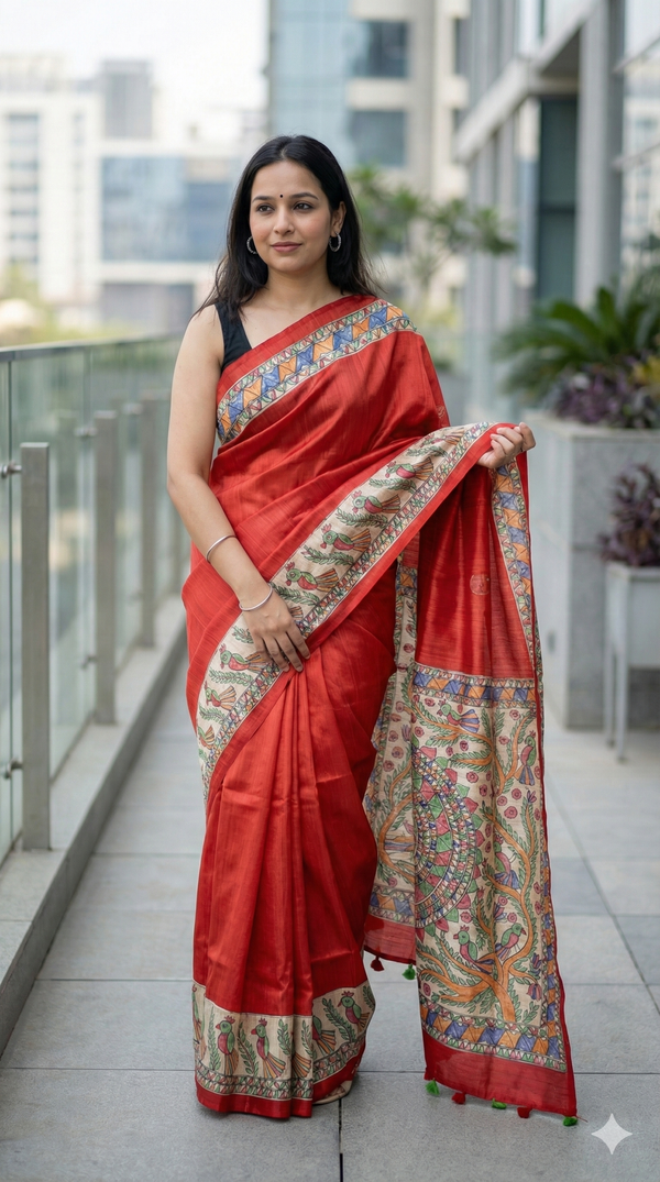 Hand-Painted Madhubani Saree with Tree of Life and Mandala Motifs