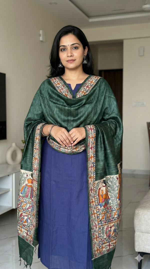 Hand-Painted Madhubani Women & Bird Motif Green Tussar Ghicha Silk Dupatta