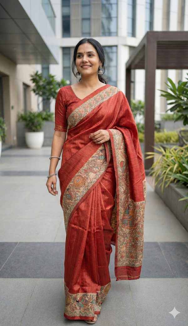 Hand-Painted Madhubani Saree with Mithila Vivaah and Fish Motifs