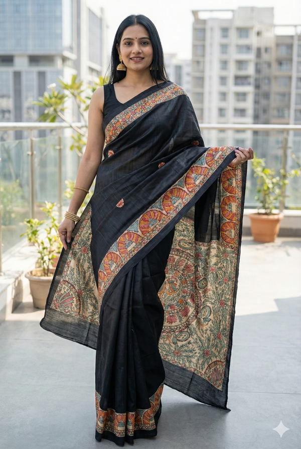 Hand-Painted Madhubani Saree with Mandala, Floral, and Paisley Motifs