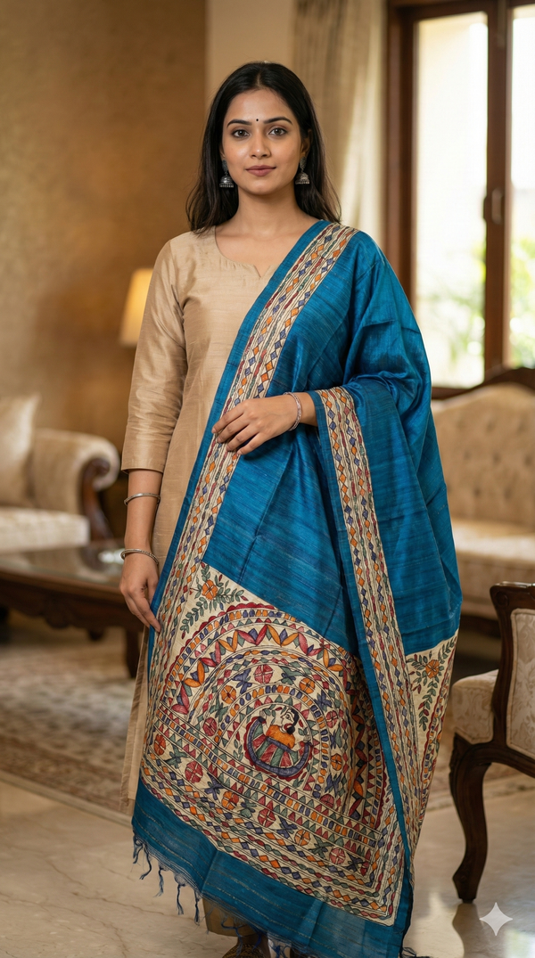 A woman stands indoors in a beige dress, draped in a Hand-Painted Madhubani Teal Blue Tussar Ghicha Silk Dupatta with Feminine Medallion Motifs. She has long hair, light jewelry, and poses calmly in a well-furnished living room.