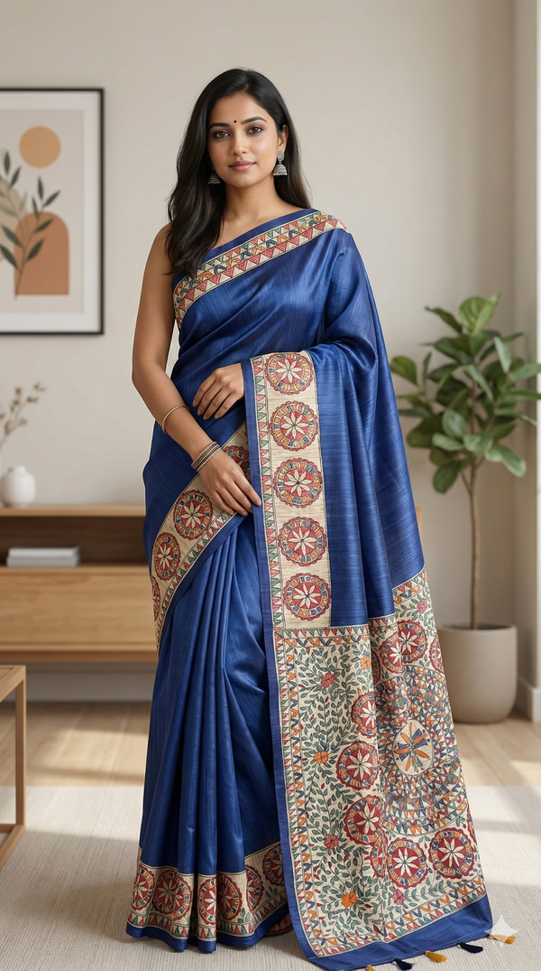 Hand-Painted Madhubani Saree with Mandala and Floral Medallion Motifs