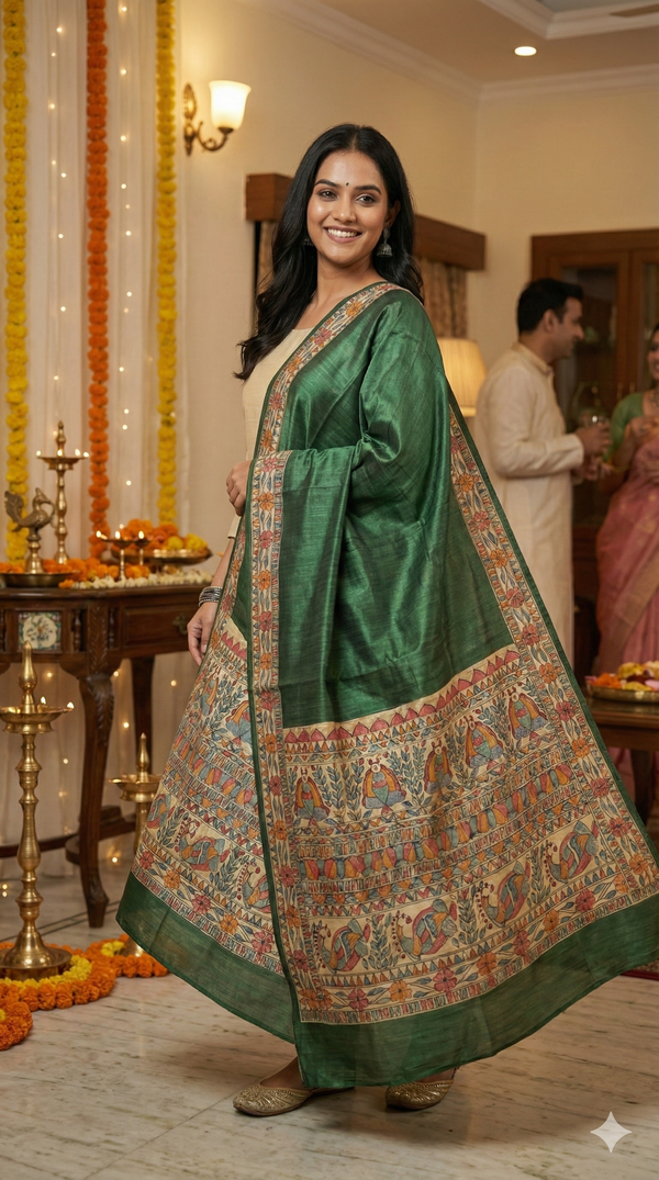Hand-Painted Madhubani Bird & Floral Motif Forest Green Tussar Ghicha Silk Dupatta