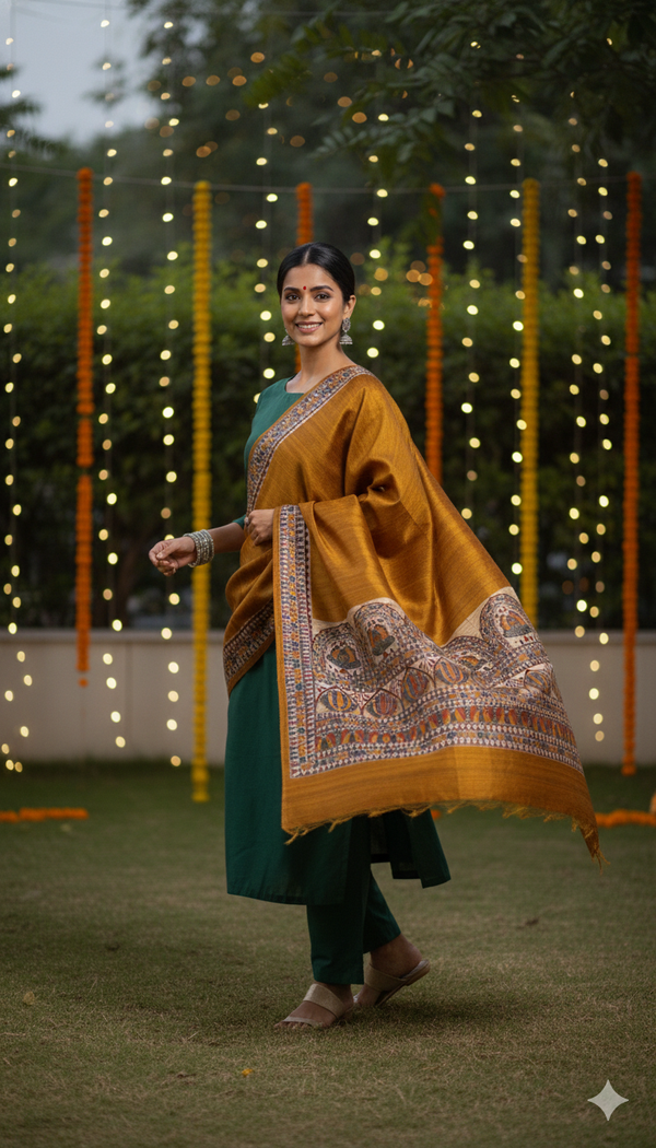 Hand-Painted Madhubani Bird & Lotus Motif Mustard Yellow Tussar Ghicha Silk Dupatta