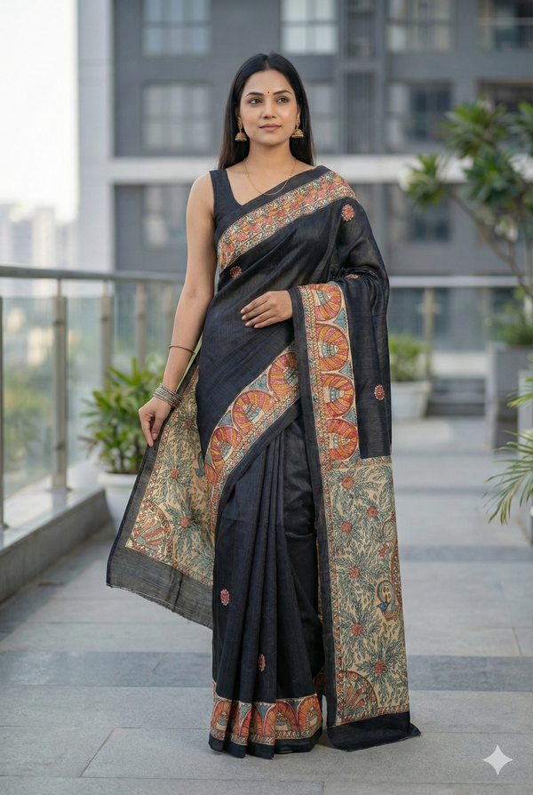 Hand-Painted Madhubani Saree with Mandala, Floral, and Paisley Motifs