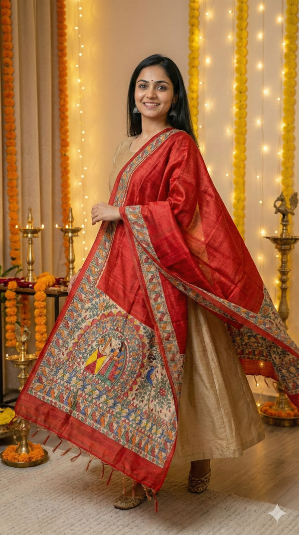 Hand-Painted Madhubani Radha–Krishna Motif Red Tussar Ghicha Silk Dupatta