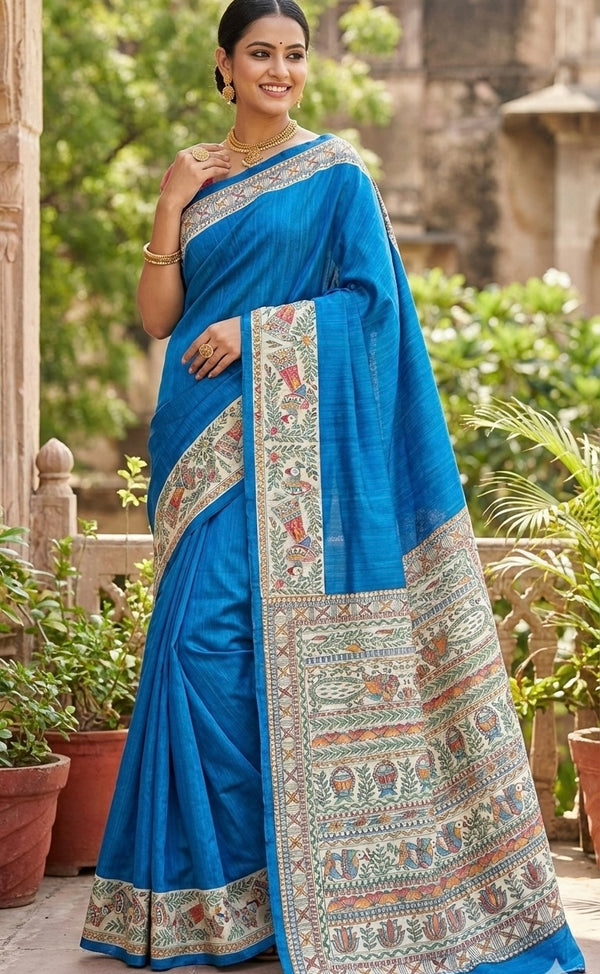 Hand-Painted Madhubani Saree with Kalash, Bird, and Floral Motifs